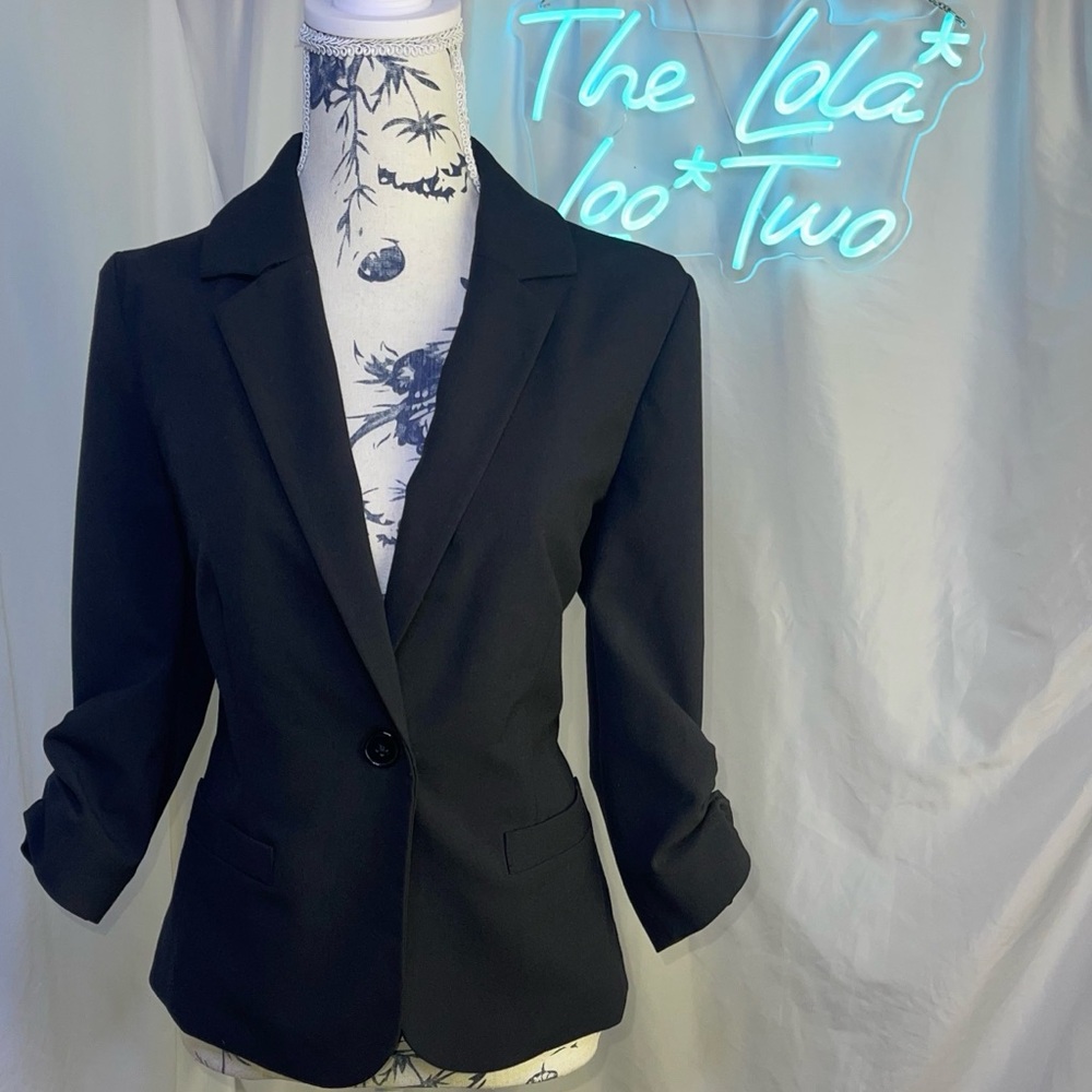 ELIZA J • Black Single Button Ruched Sleeve Blazer • Preppy • Business Casual • - Picture 2 of 14